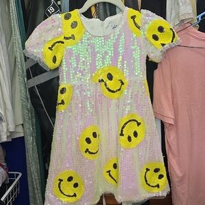 Lola And The Boys Don't Worry Be Happy Sequin Dress with Yellow Smiley Appliqué